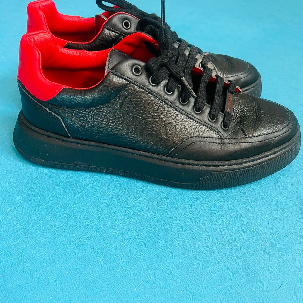 Mario Valentino Black Leather Sneakers with Red Collar